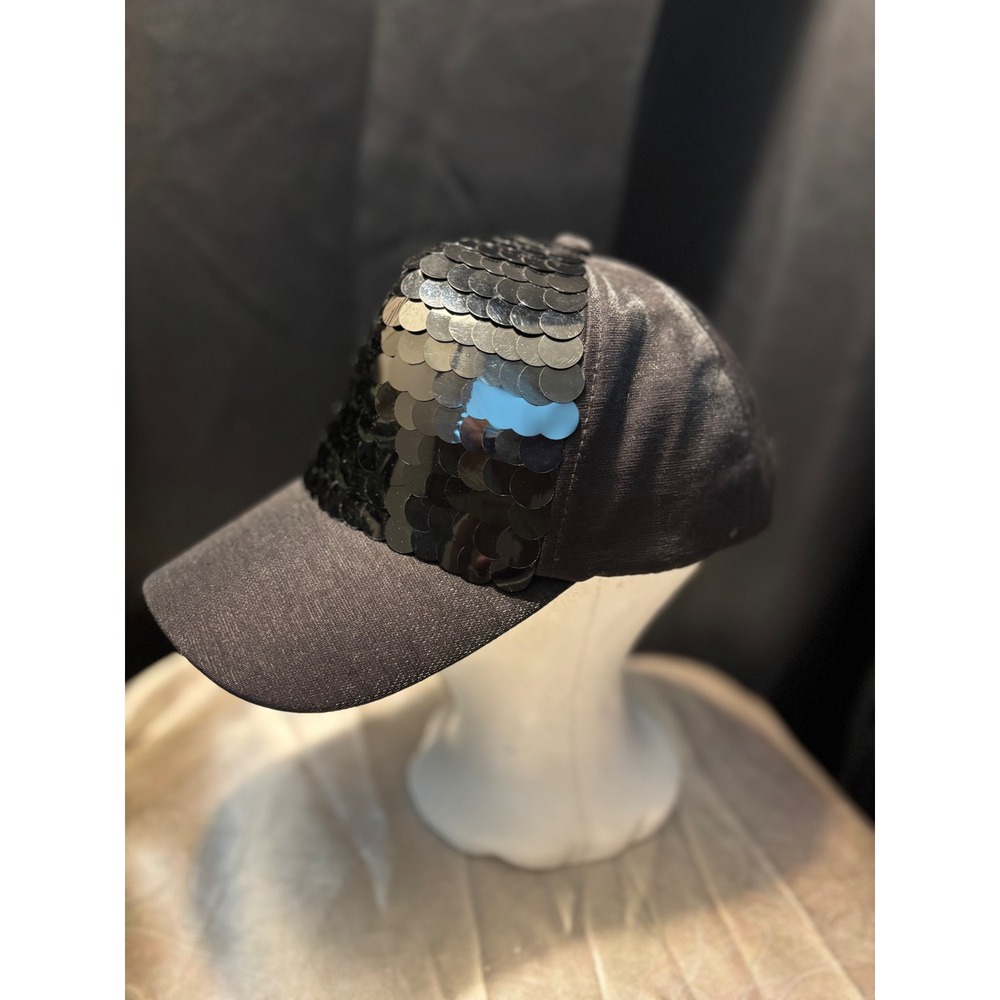 Black Large Disc Sequin Mermaid Scale Snapback Baseball Cap Metallic Sparkle Hat
